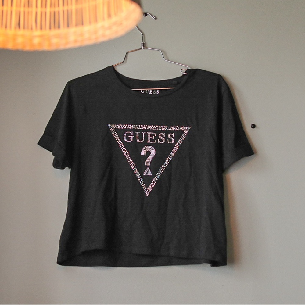 GUESS • (Women's L) Rhinestone Embellished Logo Cropped T-Shirt